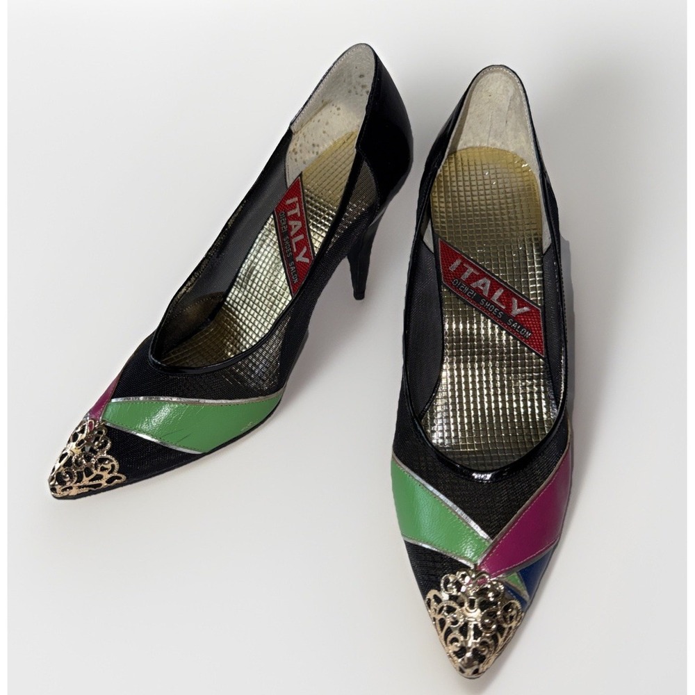 Vtg 80s Italy Shoes Salon Colorblock Baroque Gold Toe Mesh Pumps 230 M/M US6-6.5